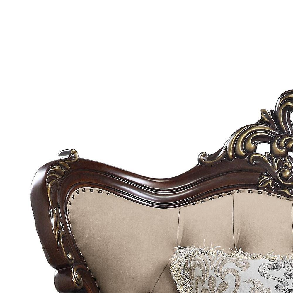 Light Brown Linen and Cherry Wood Floral Accent Chair