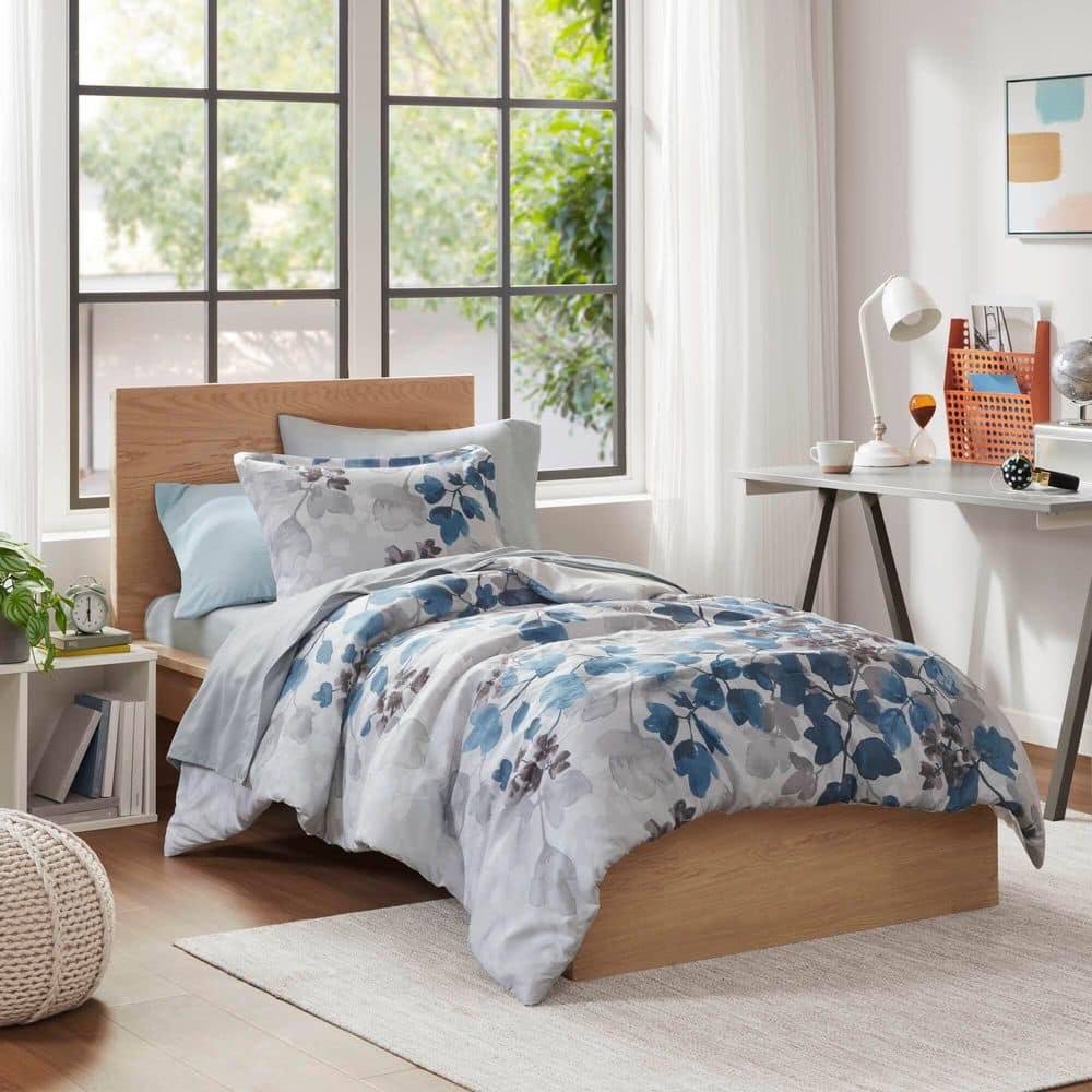 Twin Blue Floral Microfiber Bed in a Bag Set