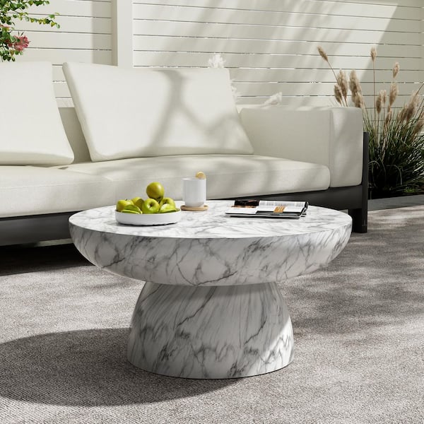 Abram Modern Patio Marble Finish Round Concrete Outdoor Coffee Table, Magnesium Oxide(MGO)