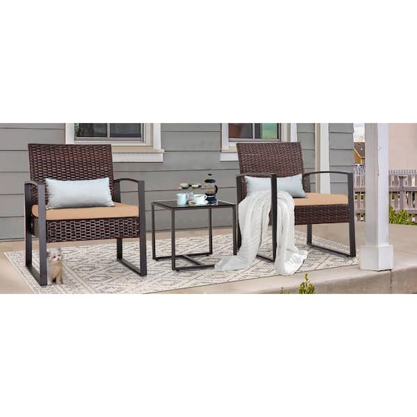 Tenleaf 3-Piece Outdoor Brown PE Wicker and Steel Patio Conversation Set with Washable Khaki Cushions and Square Coffee Table