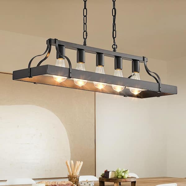 5-Light Black Kitchen Island Chandelier Modern Rectangular Dining Room Chandelier