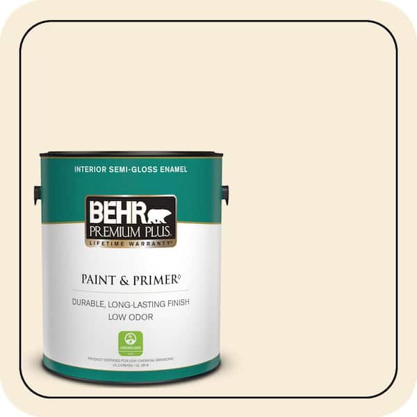 BEHR PREMIUM PLUS 1 gal. #70 Linen White Semi-Gloss Enamel Low Odor Interior Paint & Primer