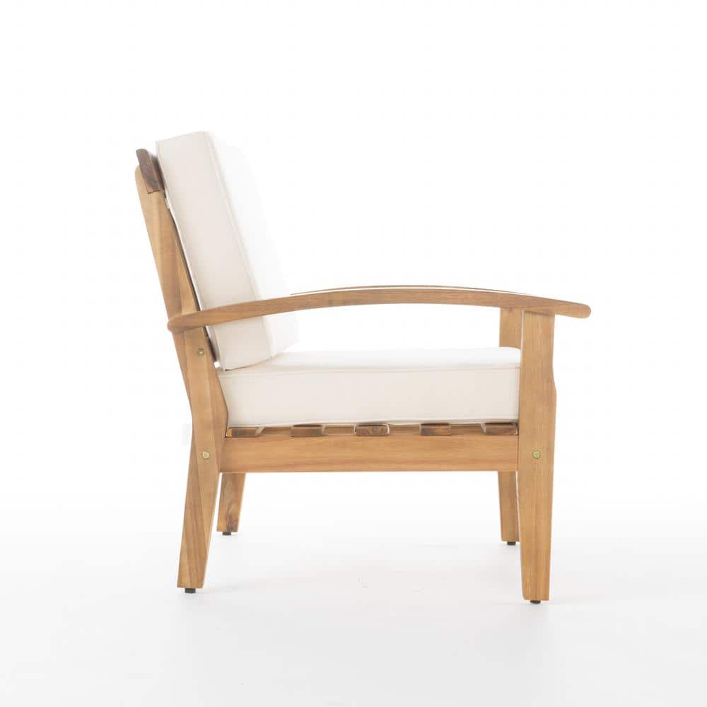 Teak Wood Coastal Lounge Chairs with Beige Water-Resistant Cushions (Set of 2)