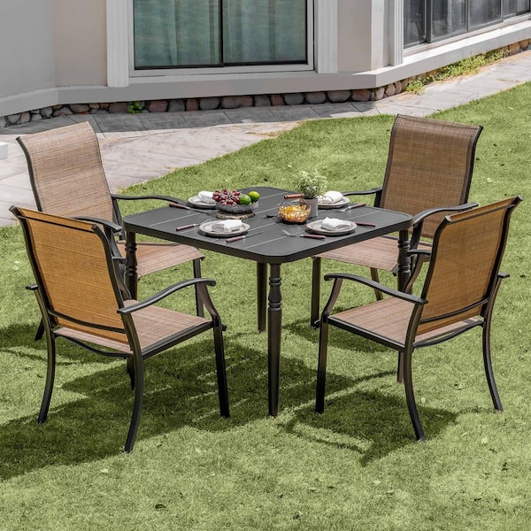Black 5-Piece Textilene and Metal Square Outdoor Dining Set with Umbrella Hole and Ergonomic Design