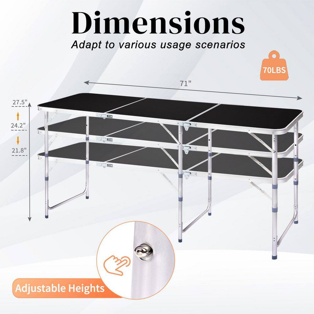 Dimensions and adjustable height of the rectangular picnic table.