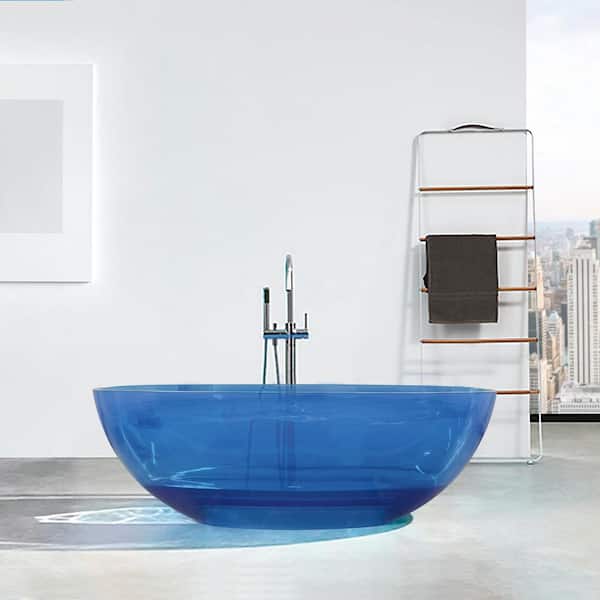 ANGELES HOME 64 in. x 29.6 in. Transparent Blue Oval Shape Freestanding Soaking Bathtub Soaking Bathtub with Center Drain