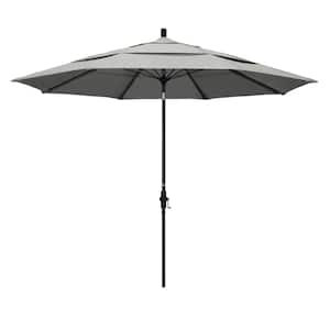 11 ft. Matted Black Aluminum Market Patio Umbrella with Fiberglass Ribs Collar Tilt Crank Lift in Granite Sunbrella