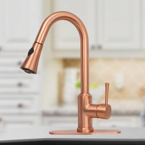 Single-Handle Pull Down Sprayer Kitchen Faucet with Deckplate in Brushed Copper