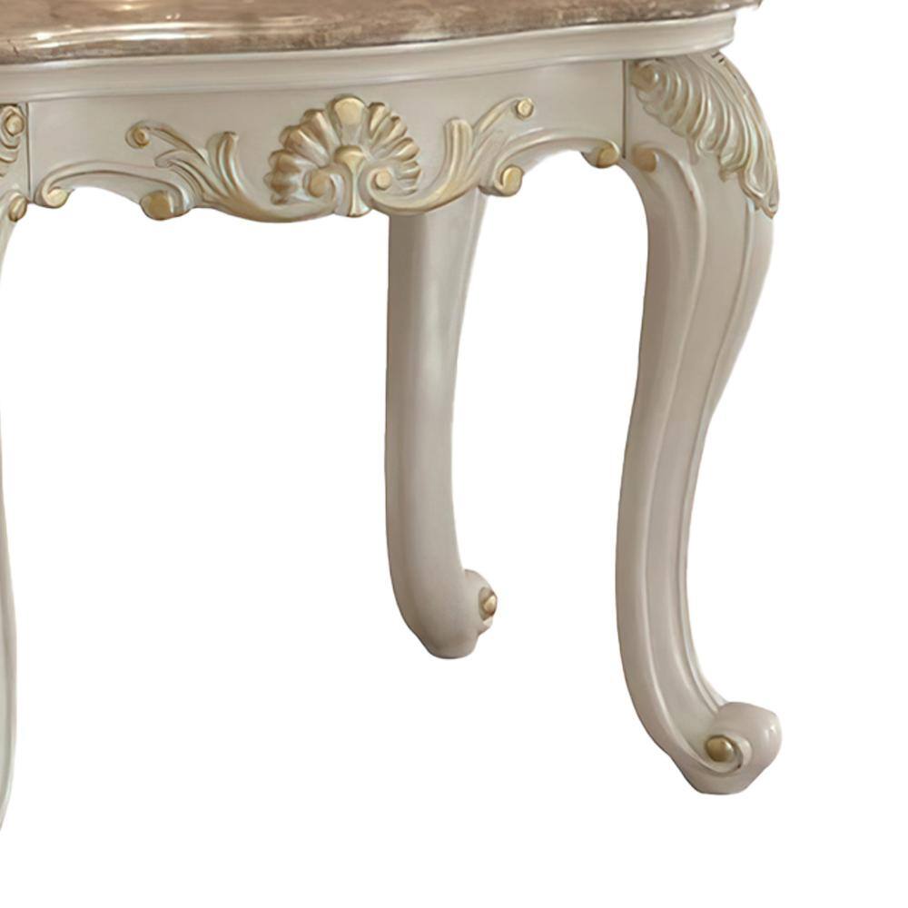 Pearl White and Gold Rectangular Wooden End Table with Marble Top and Storage