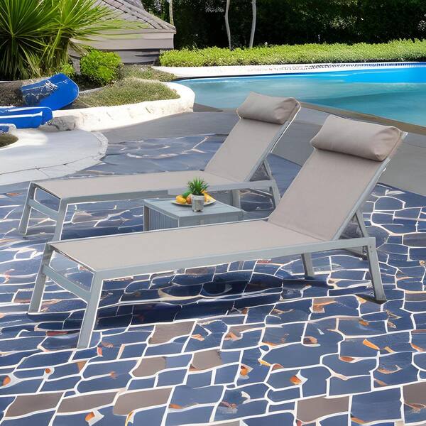 3-Piece Khaki Metal Adjustable Outdoor Chaise Lounge with Wheels