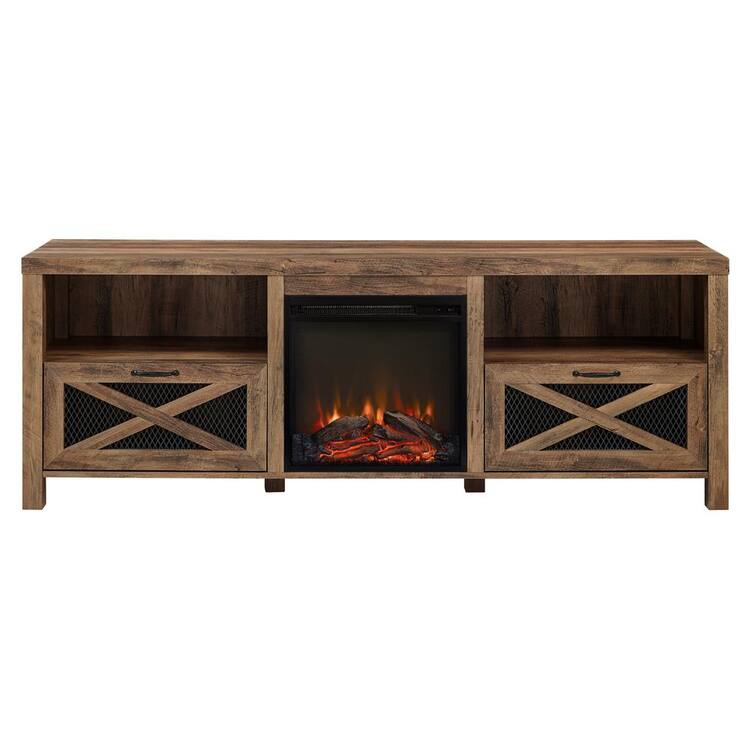 Boyel Living Brown Industrial Farmhouse Metal Mesh Drop-Down X-Door TV Stand Fits TVs up to 70 to 85 in.