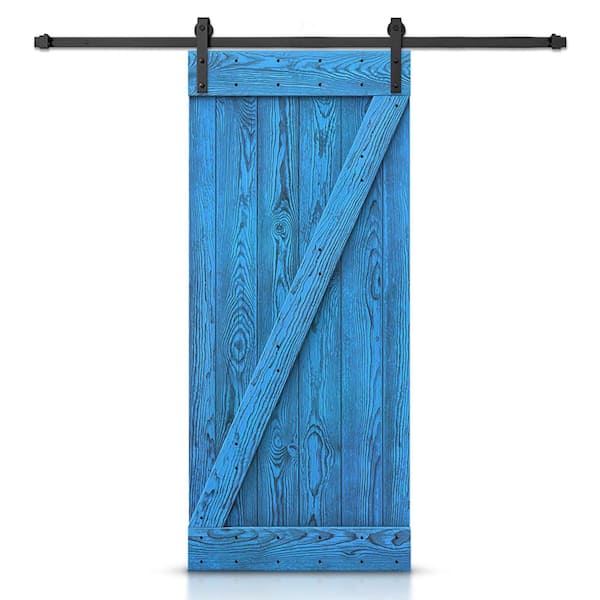 CALHOME 20 in. x 84 in. Z Bar Ready To Hang Wire Brushed Blue Thermally Modified Solid Wood Sliding Barn Door with Hardware Kit