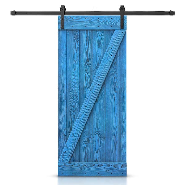 CALHOME 26 in. x 84 in. Z Bar Ready To Hang Wire Brushed Blue Thermally Modified Solid Wood Sliding Barn Door with Hardware Kit