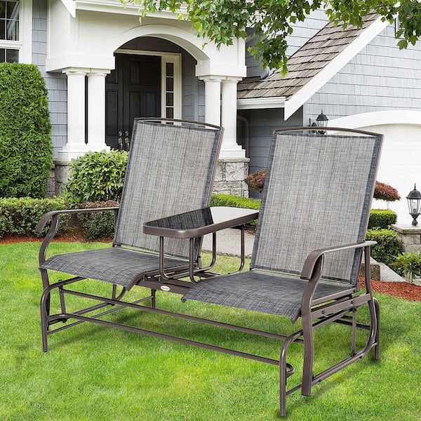 1-PC Gray Metal Outdoor Glider Bench, 2-Person Frame Loveseat with Center Table, Breathable Mesh Fabric & Armrests
