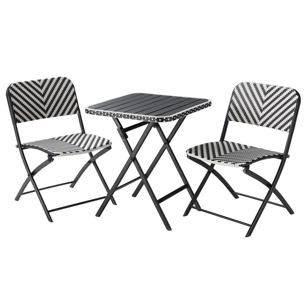 Cisvio Wicker Patio Folding Bistro Set for Small Spaces White and Black