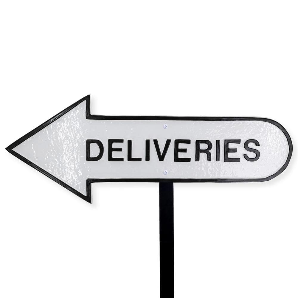 6 in. x 15.5 in. Left Arrow Deliveries Statement Plaque Sign with Lawn Stake-White/Black product image for price tracking