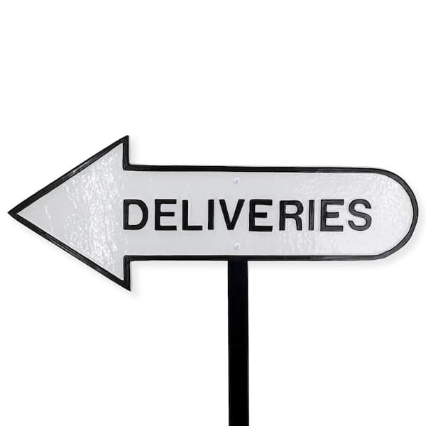 6 in. x 15.5 in. Left Arrow Deliveries Statement Plaque Sign with Lawn Stake-White/Black