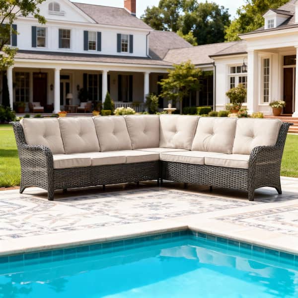 1-Piece Gray Wicker Patio Conversation Outdoor Couch, Sectional Sofa with Beige Cushions
