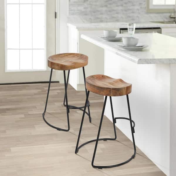 THE URBAN PORT 25 in. Natural Brown and Black Backless Metal Frame Handcrafted Counter Height Barstool with Wooden Seat