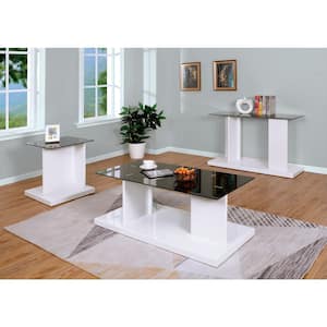 Cricket 3-Piece 47.25 in. Black and White Rectangle Glass Coffee Table Set