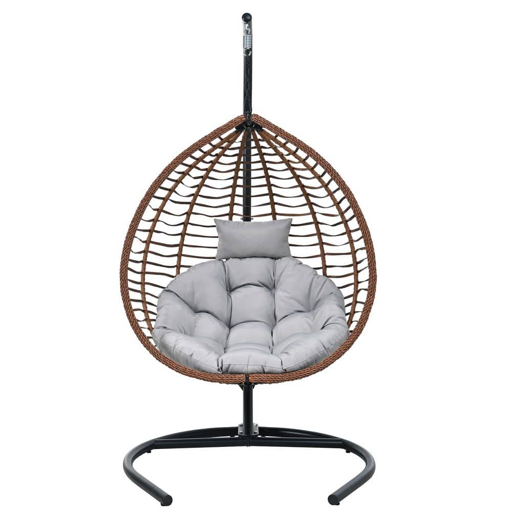 Brown HDPE Wicker Patio Swing, Folding Egg Chair with Beige Cushion, Adjustable Anti-Slip Feet and Stand
