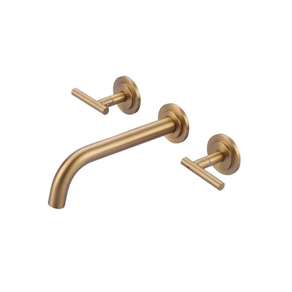 WOWOW Double Handle Wall Mounted Bathroom Faucet in Solid Brass, Brused Gold