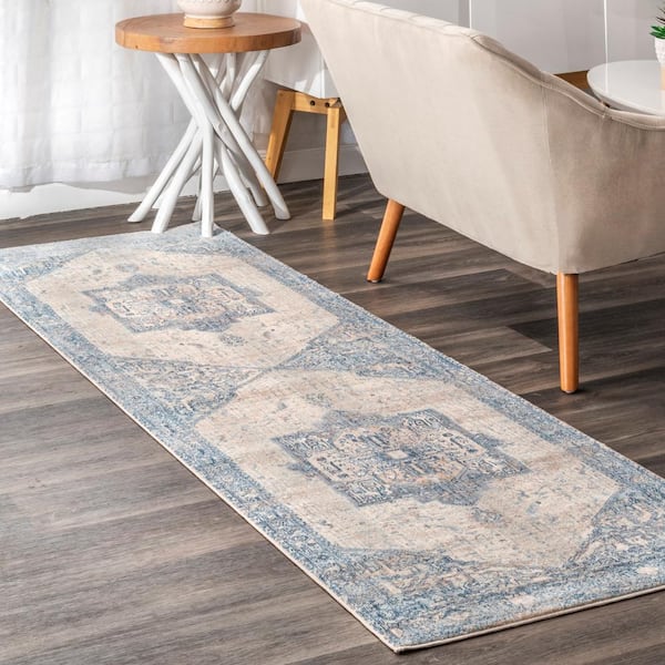 Ehtel Medallion Fringe Light Blue 3 ft. x 8 ft. Runner Rug