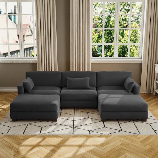 123 in. Square Arm 5-Piece Corduroy Upholstered U-Shaped Sectional Sofa in Gray