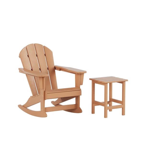 Laguna HDPE Poly Plastic Outdoor Patio Classic Adirondack Porch Rocking Chair with Side Table Set in Teak