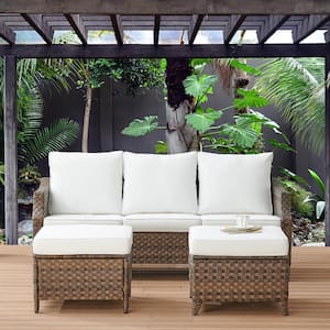 Canton Brown 3-Piece Wicker Patio Conversation Set with White Cushions