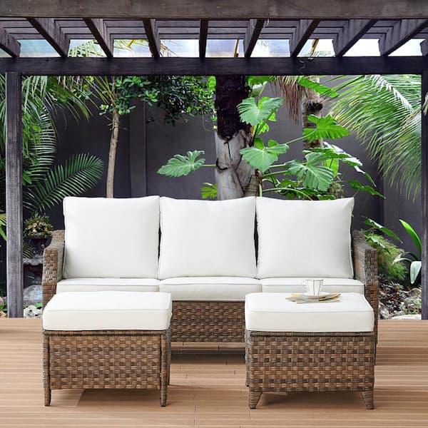 Gymojoy Canton Brown 3-Piece Wicker Patio Conversation Set with White Cushions