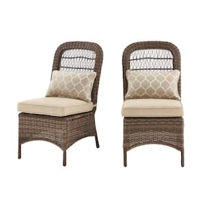 Beacon Park Brown Wicker Outdoor Patio Armless Dining Chair with CushionGuard Toffee Trellis Tan Cushions (2-Pack)