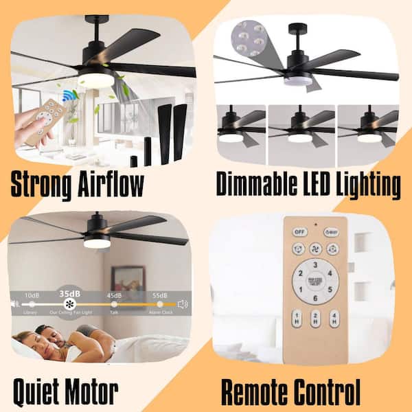 65 in. Indoor Black Ceiling Fan with Light, 5-Blade Dimmable LED with Remote Control, Modern Quiet Design