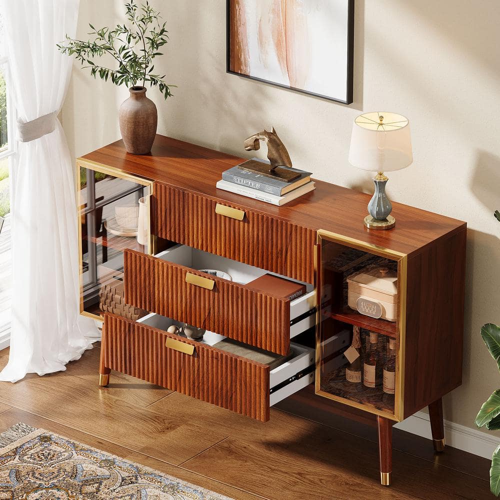 55" Brown Walnut Sideboard Buffet with Gold Metal Handles