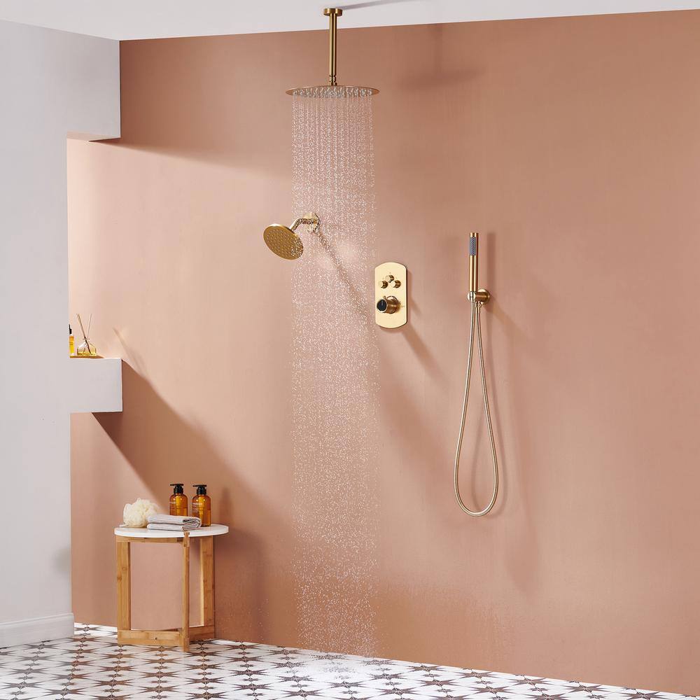 Brushed Gold Dual Rainfall Shower System with Handheld Spray