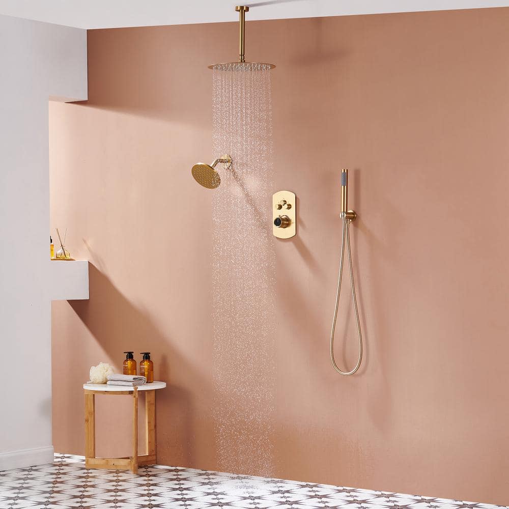 Brushed Gold Dual Rainfall Shower System with Handheld Spray