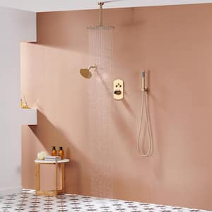 Pressure Balanced 3-Spray Patterns 12 in. Ceiling Mounted Rainfall Dual Shower Heads with Handheld in Brushed Gold