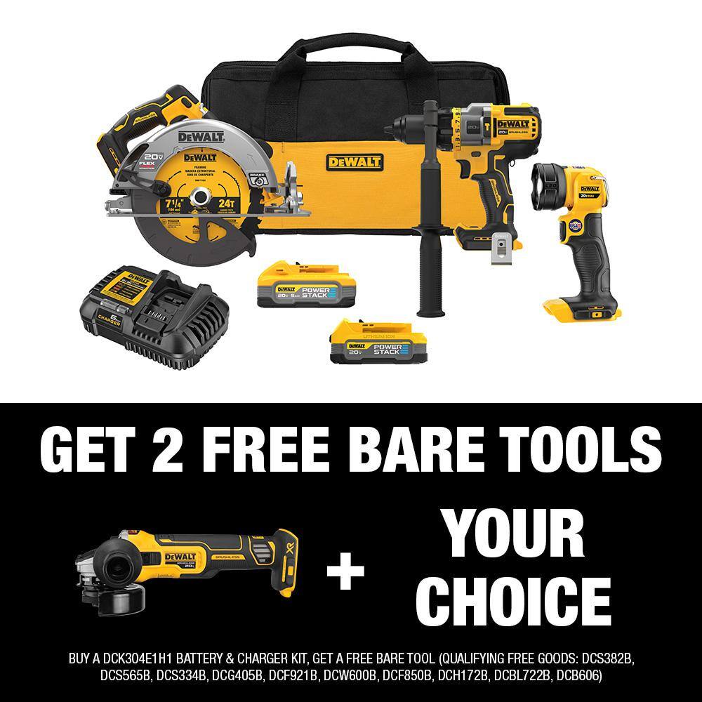DEWALT 20V MAX Lithium-Ion Cordless 3-Tool Combo Kit and 4.5 in. Small Angle Grinder with 5.0 Ah Battery and 1.7 Ah Battery -  DCK304E1H1W405B