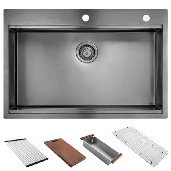 30 in. Drop-In Single Bowl 16 Gauge Antique Black Stainless Steel Kitchen Sink with Cutting Board