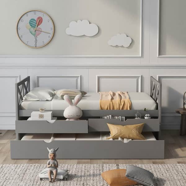 Gray Twin Size Daybed with 1 Trundle and 2 Drawers, Wood Twin Captain's Bed Trundle Daybed for Kids Teens or Adults