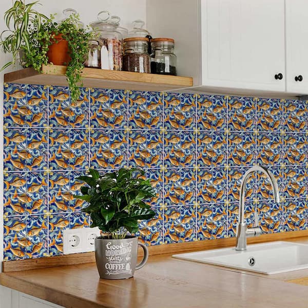 Blue, Goldenrod, Orange and White Smoke L28 6 in. x 6 in. Vinyl Peel and Stick Tile (24 Tiles, 6 sq.ft./Pack)