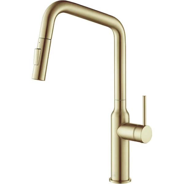KIBI 17.07 in. H Single Hole 1.8 GPM Pull Down Sprayer Kitchen Faucet with 360° Spout Swivel in Brushed Gold