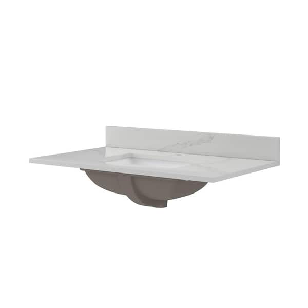 CRAFT + MAIN 37 in. W x 22 in. D x .75 in. H Engineered Quartz White Rectangular Single Sink Bath Vanity Top in Calacatta Bianco