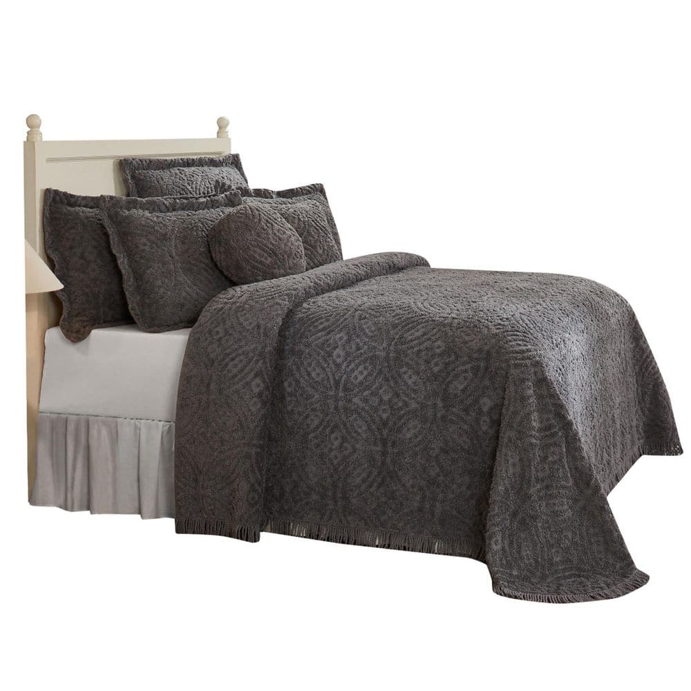 Gray Full Cotton Chenille Tufted Bedspread Set with Shams