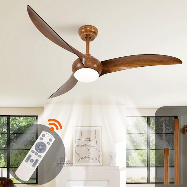 52 in. Brown Propeller Downrod Ceiling Fan with Light, Wood Blades, Dimmable LED, Quiet DC Motor, Remote