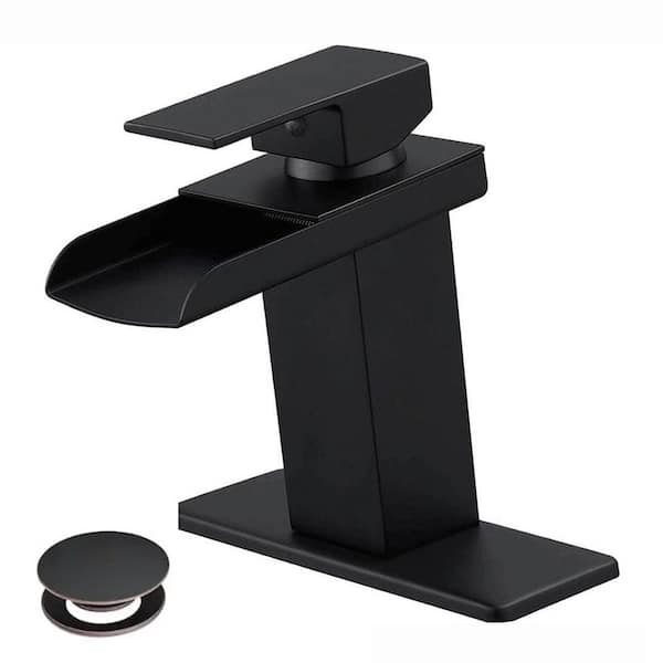 HOMEMYSTIQUE Single Handle Waterfall Spout Single Hole Bathroom Sink Faucet with Drain Kit and Deckplate Included in Matte Black