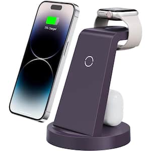3 in 1 Charging Station for iPhone, Smart Watch, Airpods with Wireless Charger in Purple