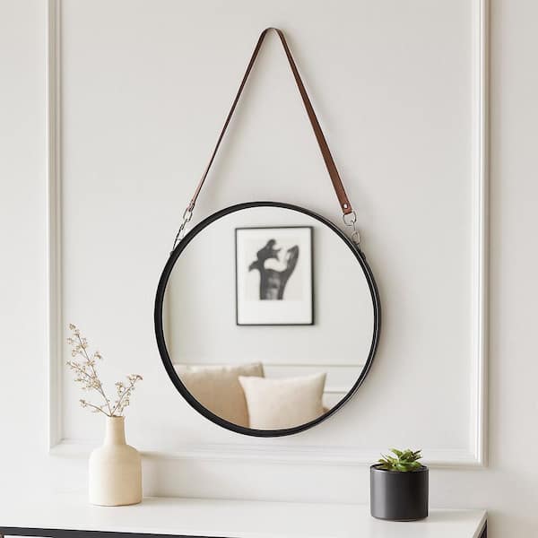 Black 3 in. H x 28 in. W Modern Round Metal With Leather Strap Framed Mirror