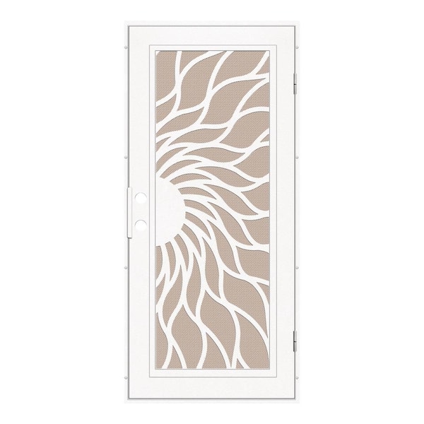 Unique Home Designs 36 in. x 80 in. Sunfire White Left-Hand Surface Mount Aluminum Security Door with Desert Sand Perforated Metal Screen