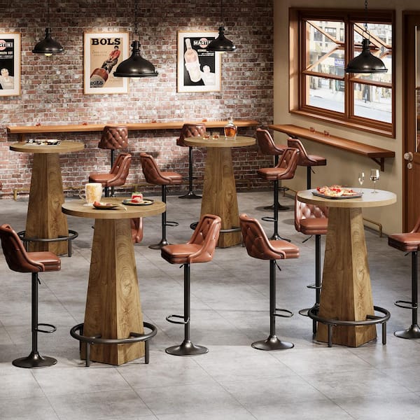 Adan 37.4 in. H Light Brown Round Bar Table Bistro Pub Table with High Top and Metal Footrest (Set of 2)